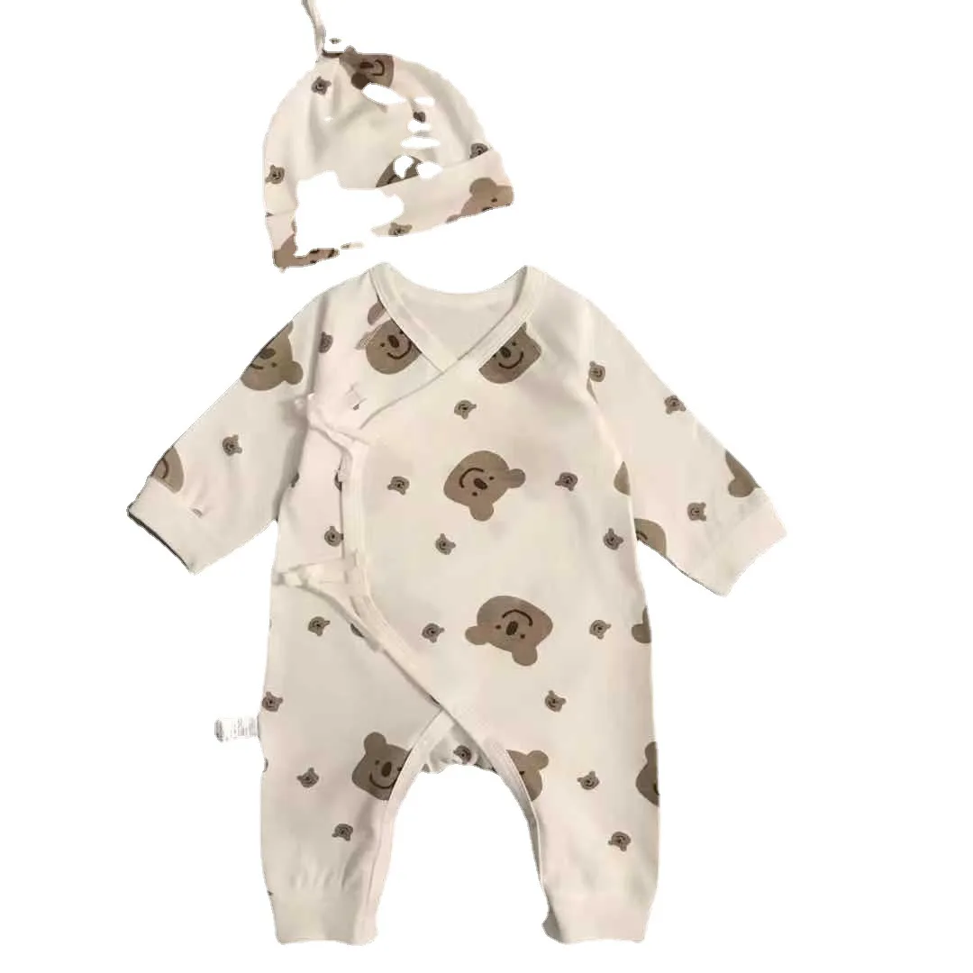 Spring and autumn cotton-wool newborn onesie long climbing suit with calissy tie hat set home clothes baby