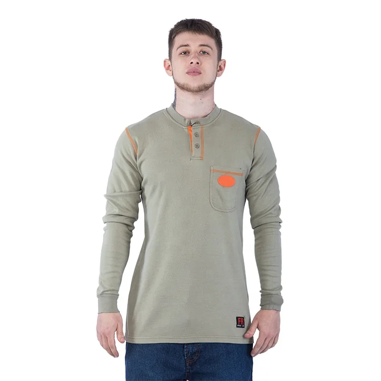 FR T-shirt  Flame Resistant 100% Cotton  Khaki Henley T-shirt
