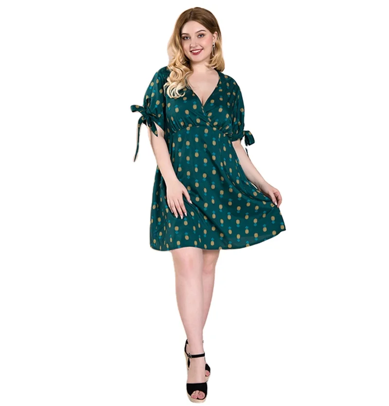 Wholesale Big Size Casual Pineapple Print Dresses Bow Sleeve Lacing Slim Women Dress