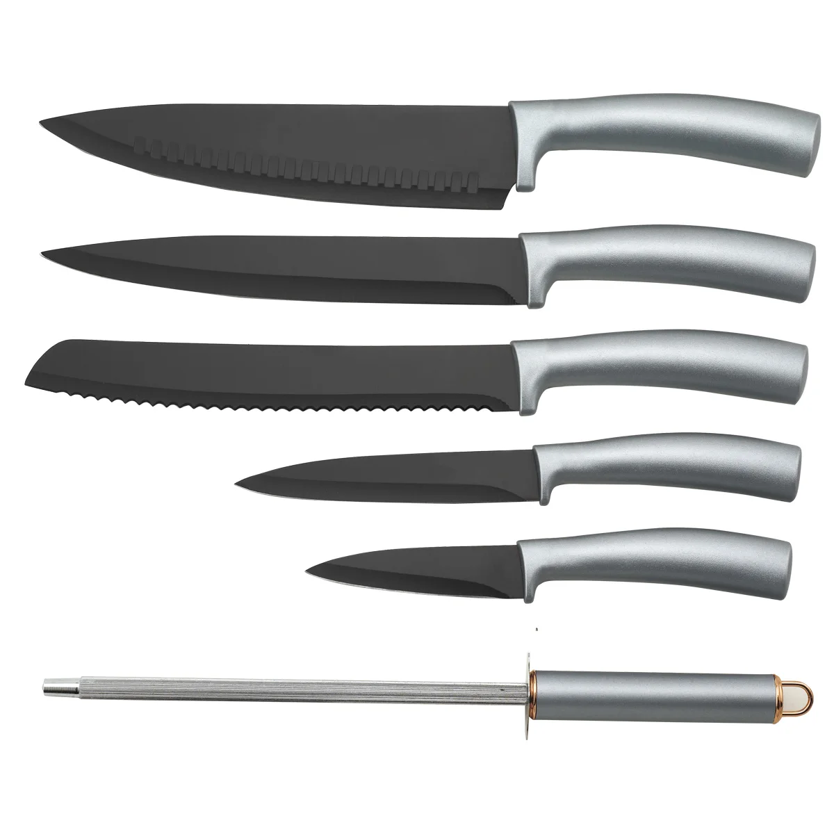 
Silk Coating Blade TPR Handle 7 Pieces Kitchen Knife Sharpener and Knife Set 