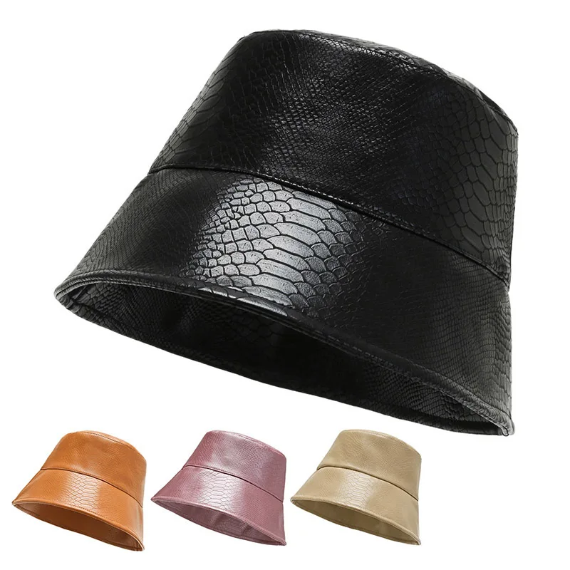 Unisex spring wide brim wholesale designer Alligator pattern leather bucket hats for adults