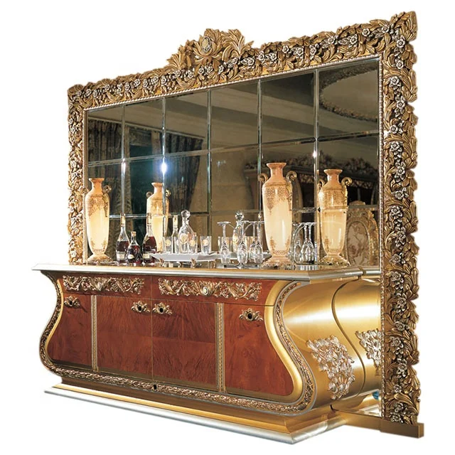 Royal Palace Rococo Luxurious Buffet Cupboard Cabinet/ Solid Wood Carved Golden Sideboard Cabinet with Mirror