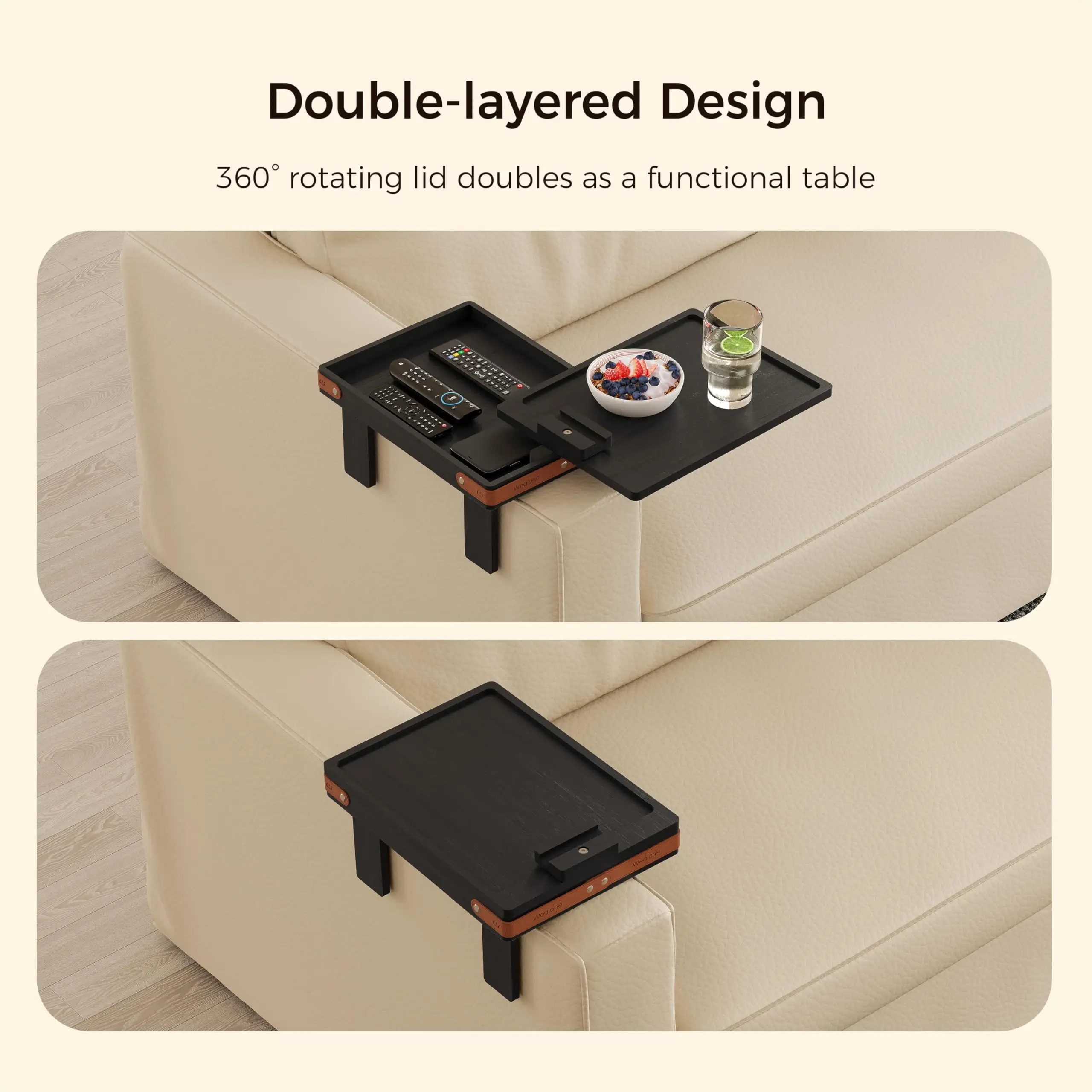 Sofa Armrest Tray with Storage Box, Bamboo Couch Arm Table with 360-deg Rotating Tabletop and Phone Stand,Adjustable Table Legs