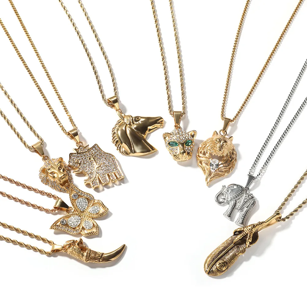 Bulk Wholesale Mix 18K Gold Plated Elephant Butterfly Lion Horse Leopard Head Animal Pendant Designs Jewelry For Men