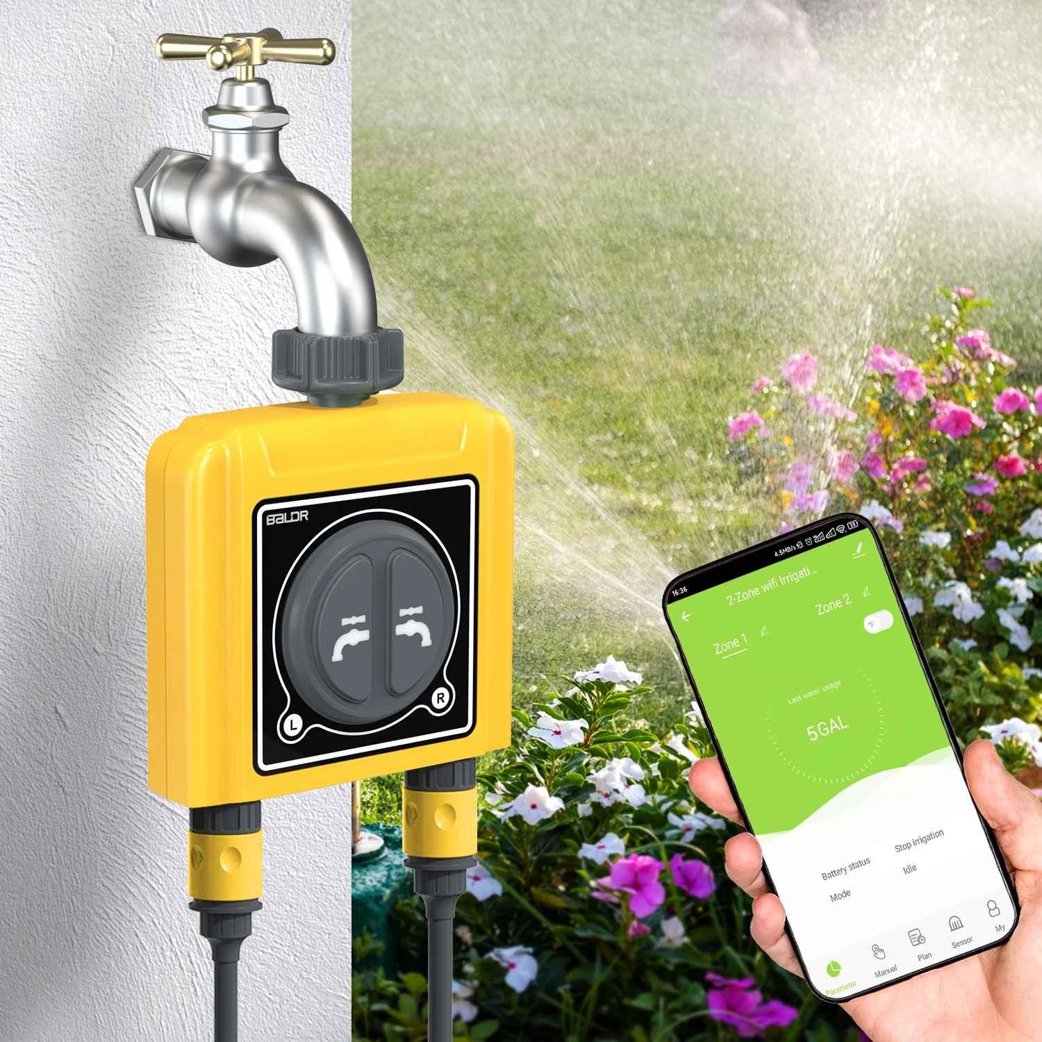 Electronic Automatic Digital 2 Zones Water Timer with 2.4GHz Wi-Fi Hub Smart Irrigation System