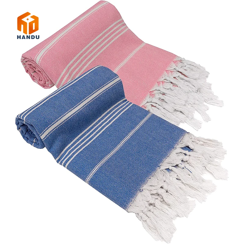 2023 High Quantity Customized logo Design Tassels Hammam Fouta Pestemal Turkish 100% Cotton striped beach towel