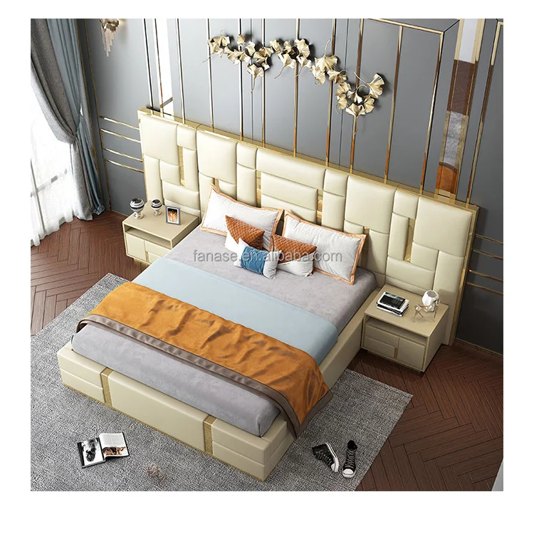 Modern Luxury King Size Bedroom Furniture Frame Royal Large Headboard Wood with Leather GENUINE Leather Bed Room Soft Bed 1 Set