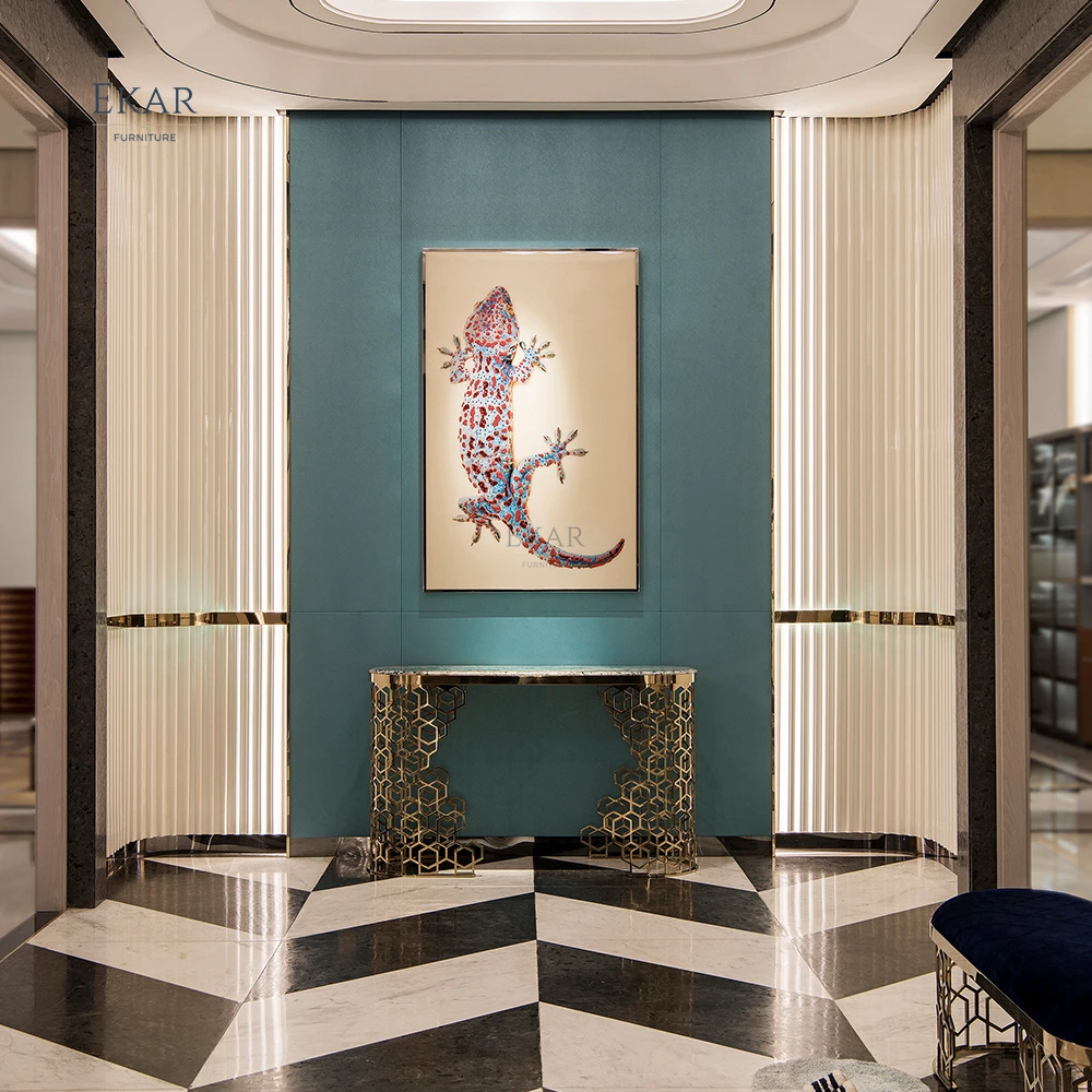 Sassuolo postmodern console table Hollow-carved Designed Hallway Console Table with Marble Top Roman Style Golden Entry Table