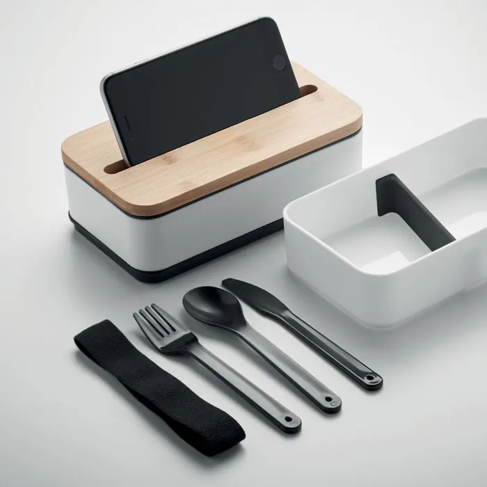 Eco Friendly Reusable Double Layer Thermal Bamboo Lid Food Container Bento Lunch Box With Phone Holder