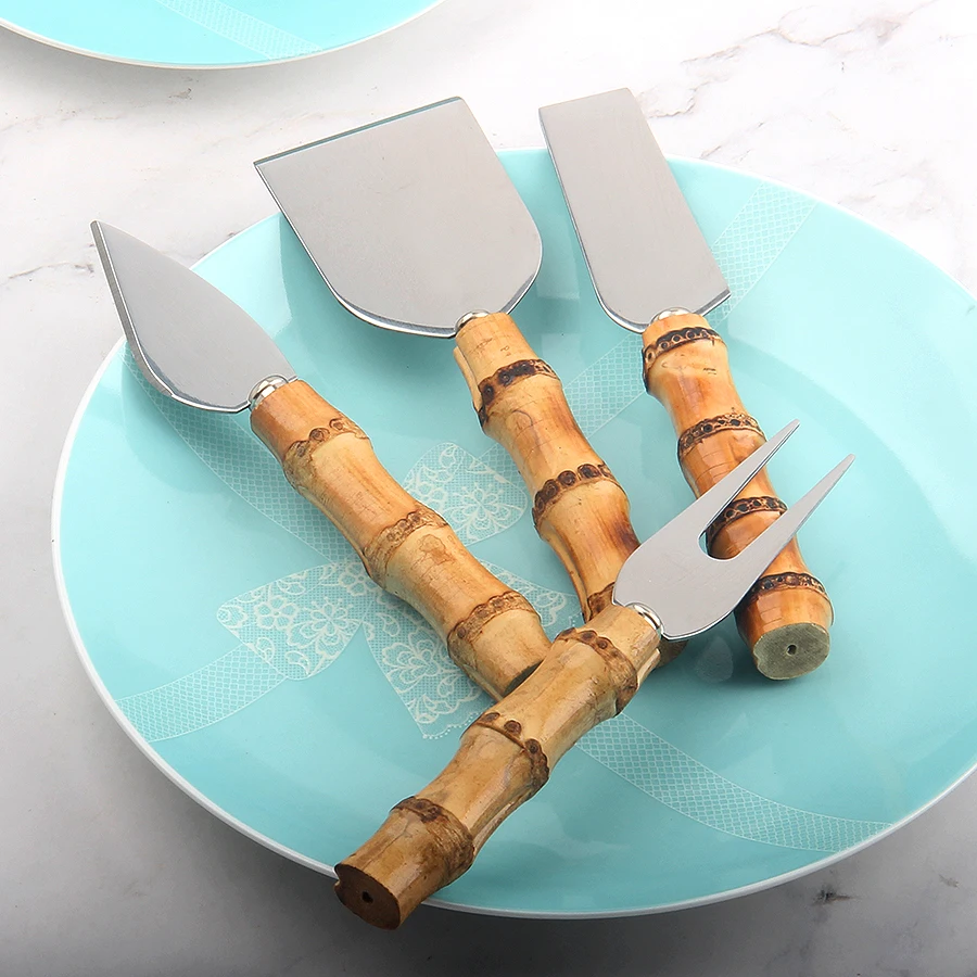 Wholesale Stainless Steel Cheese Cutter Knife set 4 pcs Mini  Cheese Slicer With Bamboo Handle