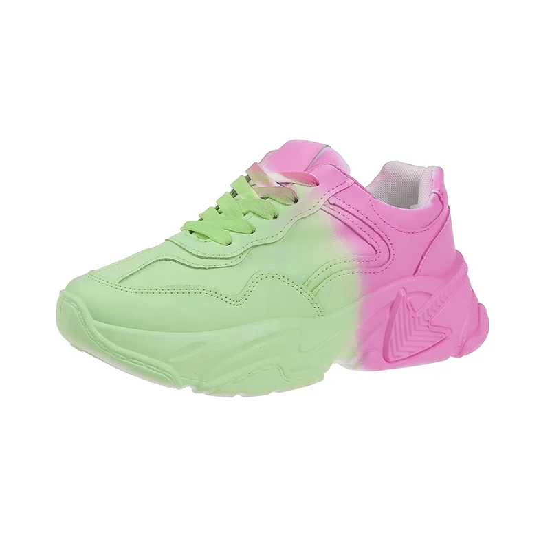 Women 5 CM Heel Chunky Shoes Large Size 35-41# Pink Color With Blue Or Green Color Block Shoes