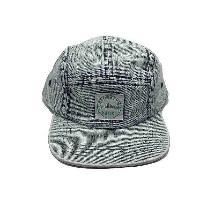 Classical Blue Acid Wash Denim 5 Panel Snap Back Cap and Hat With Custom Logo Patch for Kids