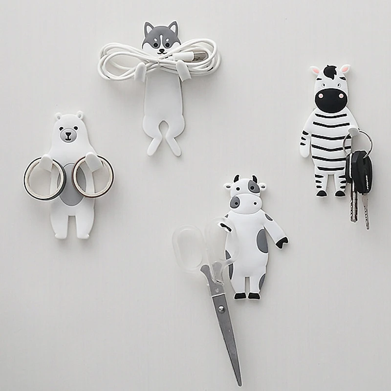 Nordic Waterproof Animal Hook Wall Hanging Plastic Door Organizer with Metal Paste Plug Socket Holder Cable Storage Plug Fixing