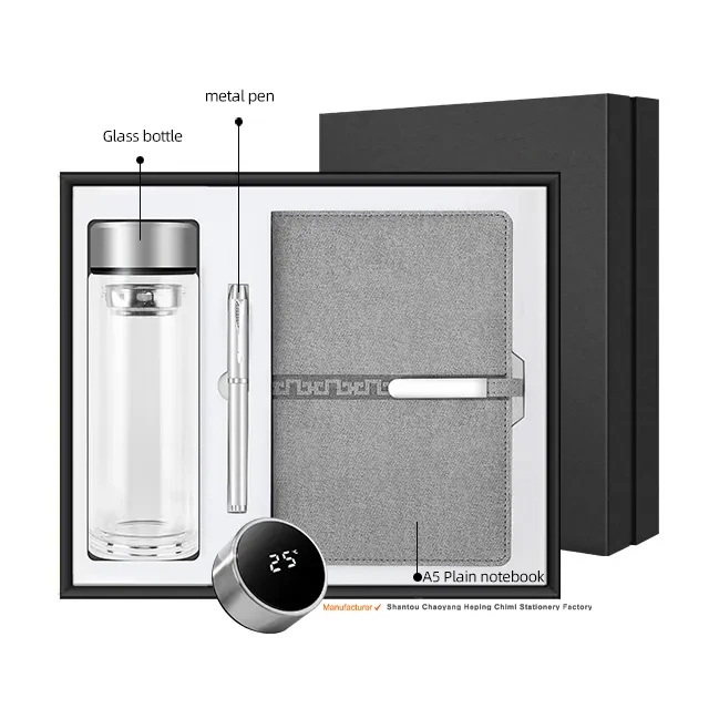 High quality temperature display glass bottle  exquisite notebook metal pen gift set business corporate
