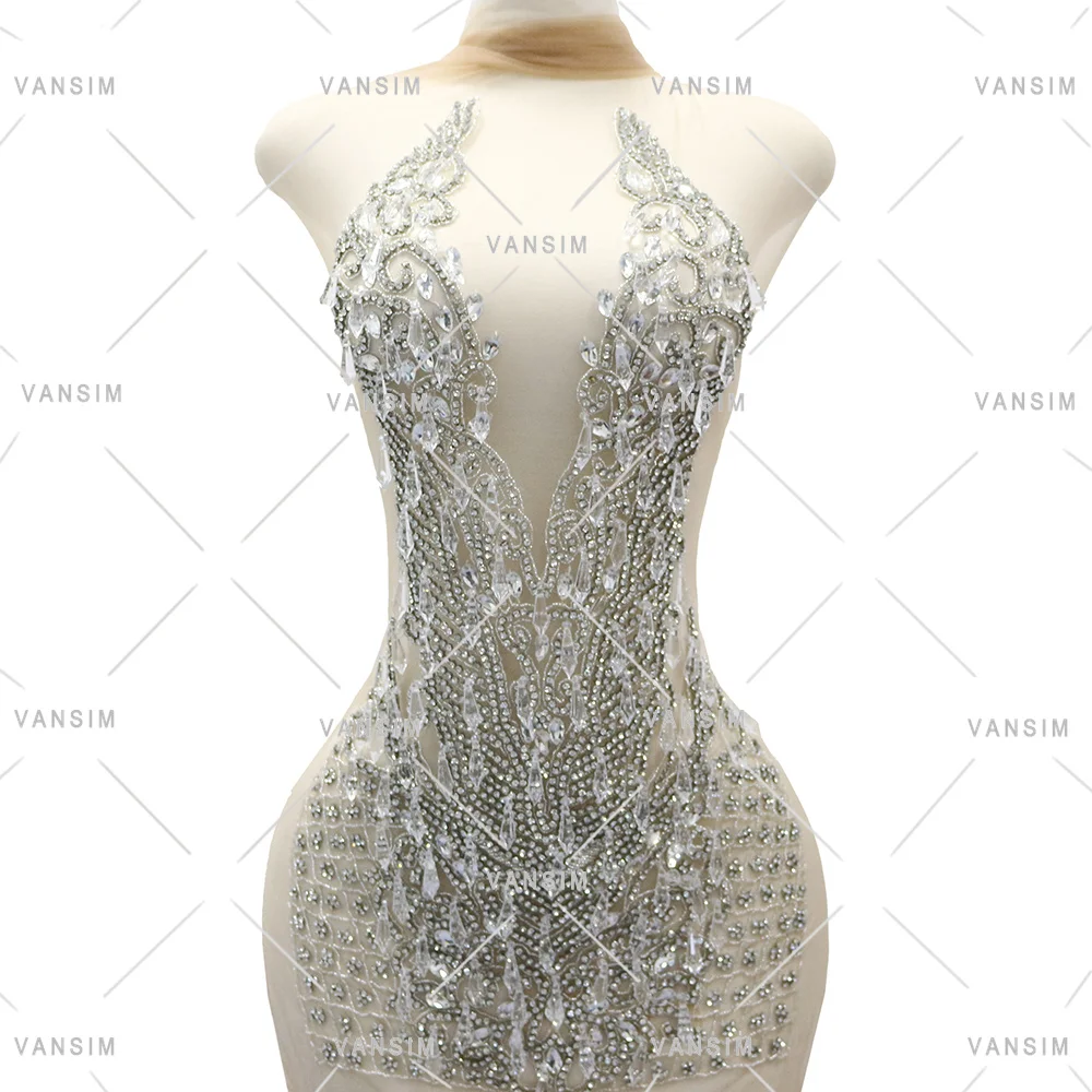 crystal diamond stone embellishment New Silver Ice drop bead pendant prom dress rhinestone bodice applique