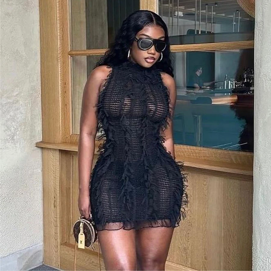 Kliou K24D46949 sleeveless o neck casual dress tassel sleeveless mini dress for women trendy slim dress