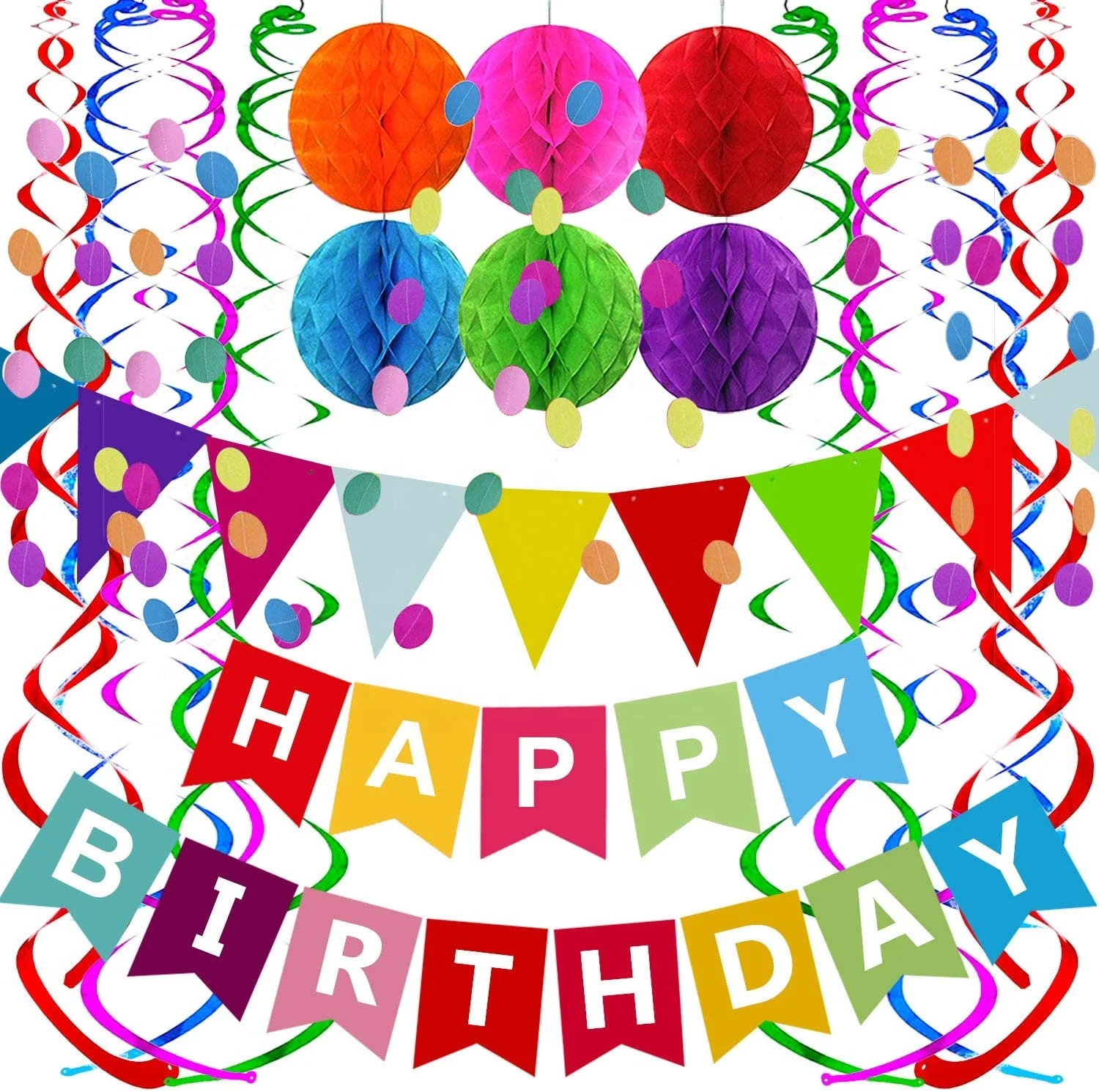 Colorful Happy Birthday Banner with Bunting Paper Circle Confetti Garland Swirl Streamers Set for Birthday Party Decoration