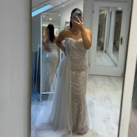 Newest Design White Beaded Pearls Mermaid Evening Dresses Strapless Sequined Prom Gowns With Side Train For Sexy Ladies MY30110