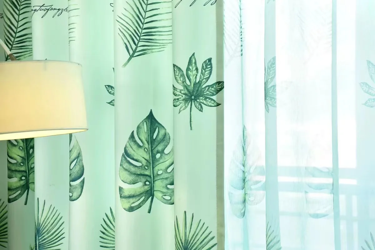 Graceful Two Side Shining Green Leaves Classical Print Blackout Curtain Window Curtain For Living Room