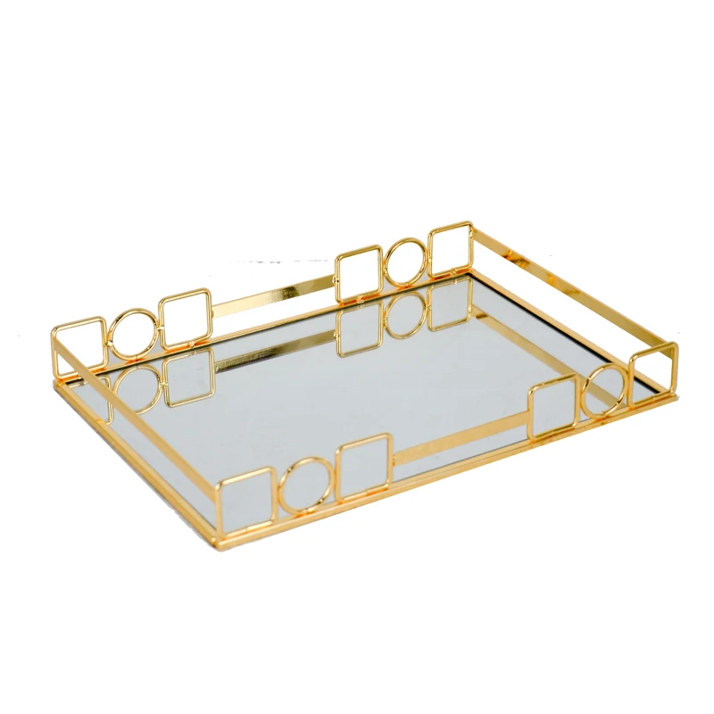 Custom Metal Decorative  Perfume Organizer luxury Makeup Tray Mirror Vanity Tray Gold Mirror metal Tray