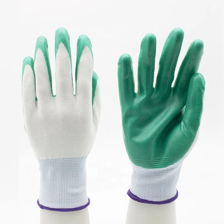 
Comfortable cheap green nitrile coated gloves work CE EN 388 custom logo nitrile industrial safety gloves 