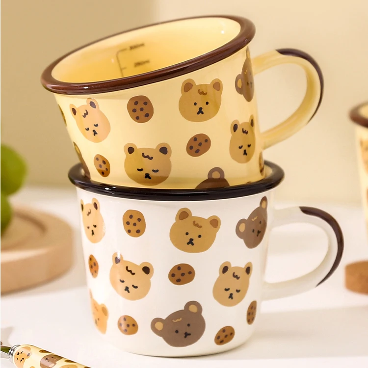 wholesale custom ceramic measuring ceramic cup kids drinking porcelain milk cups with cartoon bear design