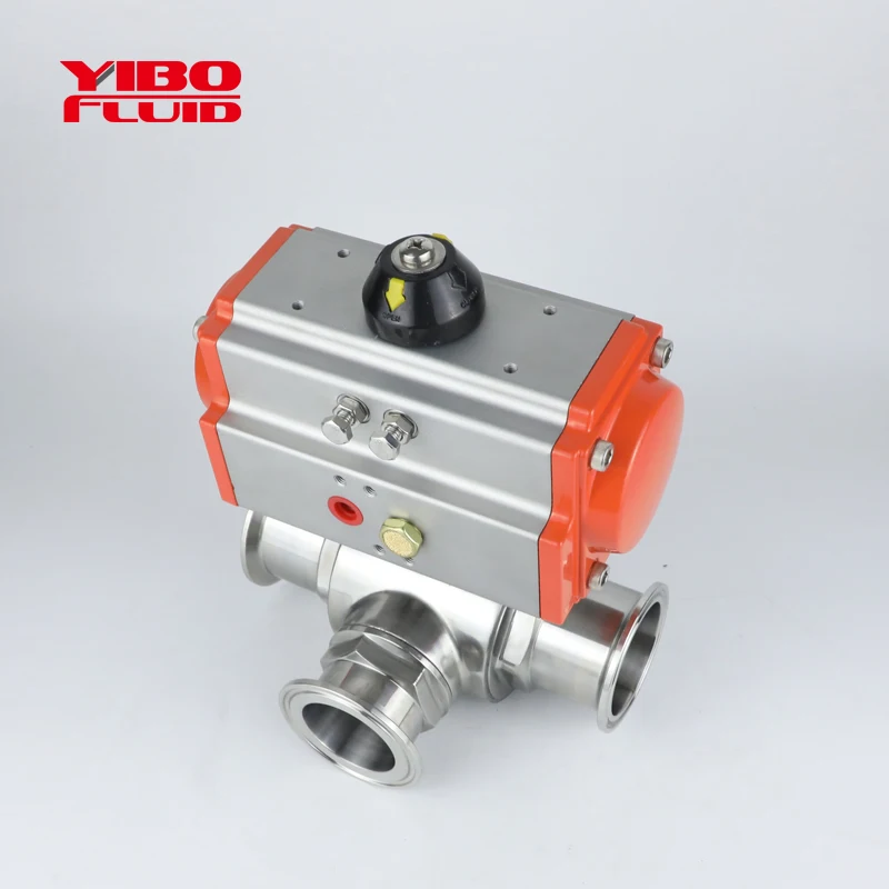 
food grade Sanitary Stainless Steel Pneumatic 3 way clamp Ball Valve With Spring Actuator aluminum pneumatic T way ball valve 