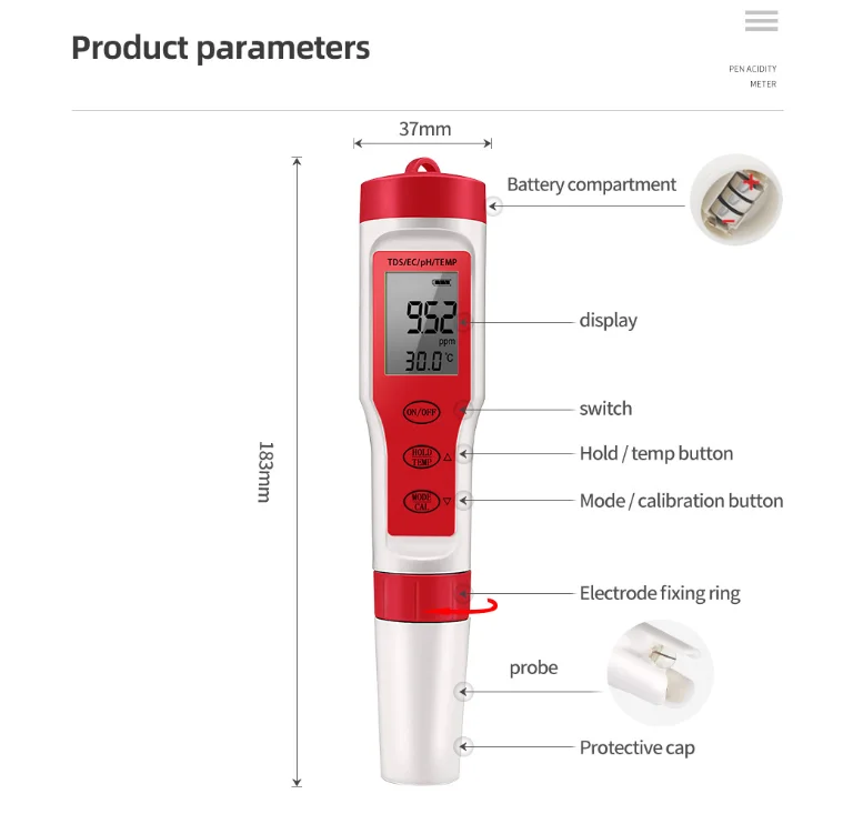 Test Instruments EZ9908 4 In 1 Digital Water Quality Tester Pen Type PH Meter Acidimeter PH / TDS EC TEMP PH Meters