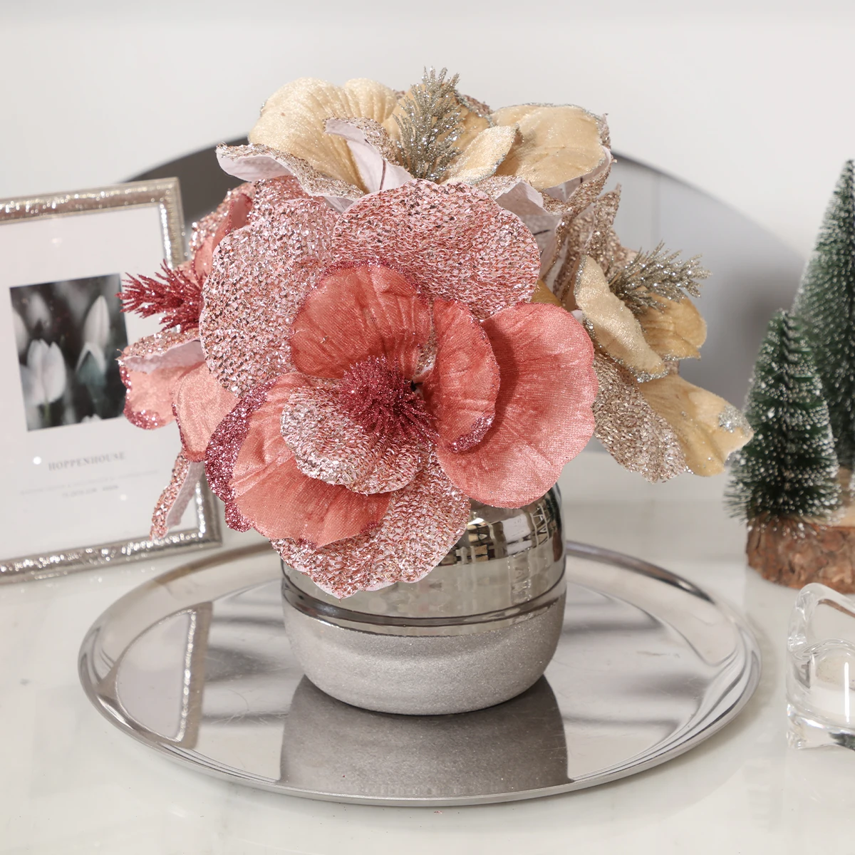 H220287 Set Of 2 Artificial Glitter Christmas Flower Stem Mesh Fabric Christmas Tree Decoration