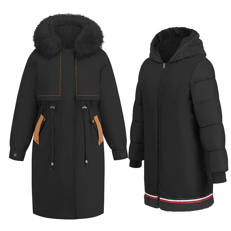 Winter warm zipper wool collared drawstring casual lady long jacket solid hooded velvet coats women