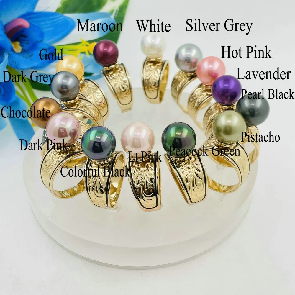 JX113 pearl ring 15 colors 6 sizes all ready to ship 12mm wide ring with 12mm shell pearls Hawaiian plumeria ring Samoan jewelry