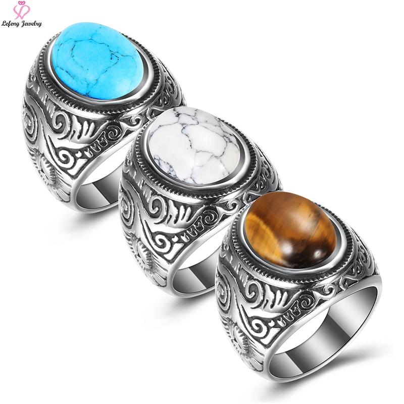 Lefeng Custom Vintage Stainless Steel Silver Men Turquoise Emerald Colored Gemstone Big Stone Ring