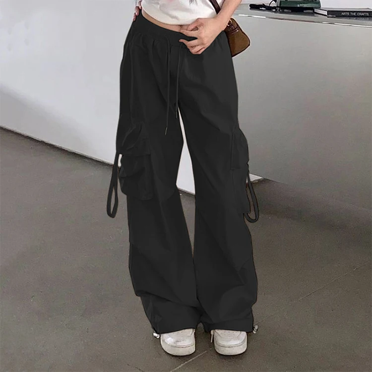 Custom OEM Manufacturer Vintage Pockets High Waist Streetwear baggy Casual ladies Long parachute Cargo Pant for women Trousers