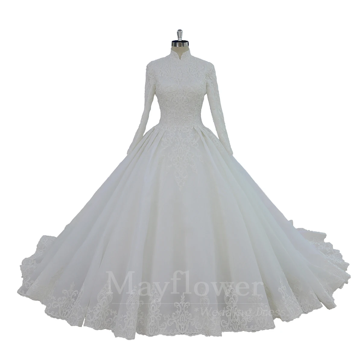 High quality beaded lace appliqued high collar muslim ballgown wedding dress