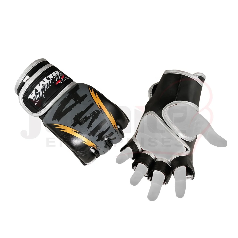 Custom Grey and black Half Finger Full Grappling Pro MMA Gloves leather boxing mma gloves with logo by juvinile enterprises