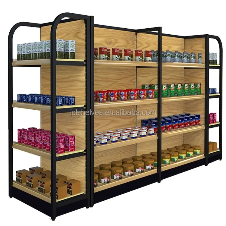 2023 new Single Sided Wooden Supermarket Shelves Metal Display Racks For Customized Gondola Shop Shelves