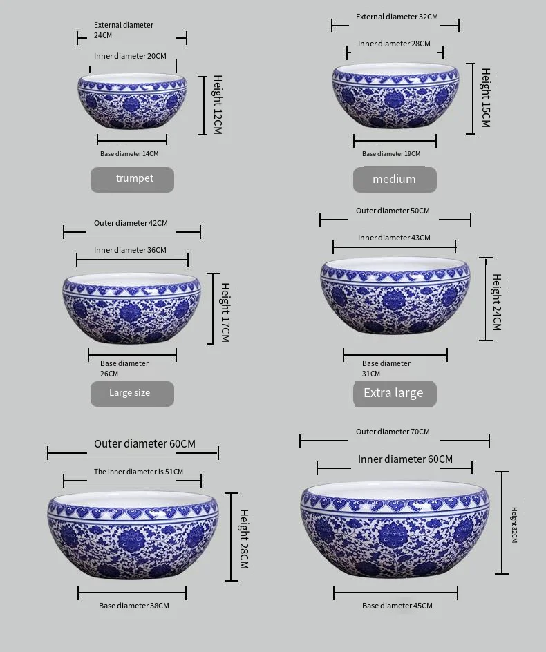 Jingdezhen Porcelain Pot Blue White Ceramic Flowerpot Bowl Living Room Decoration Featuring Lotus Grass Green Pork