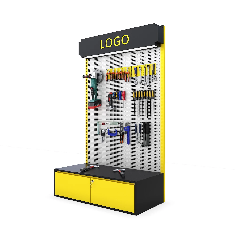 Direct sell custom logo metal pegboard design black floor stand name brand tools display rack with lock key