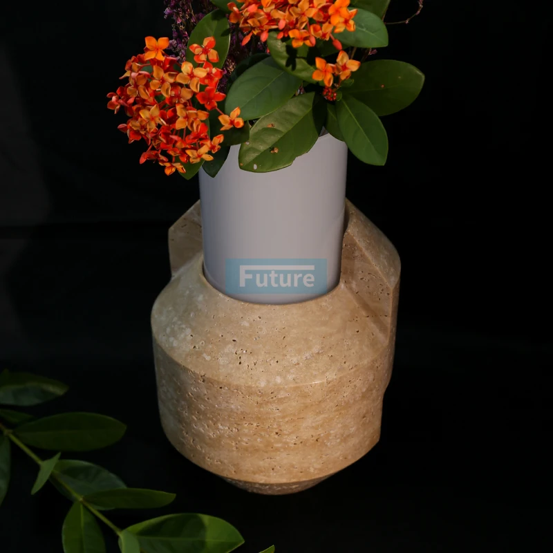Natural Classic Beige Travertine Home Decor natural  Marble stone Small Round Travertine Flower Vase Travertine Decoration