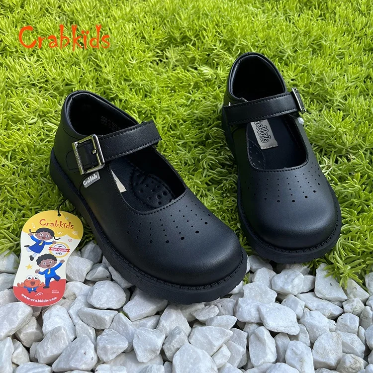 Crabkids High quality formal kids school performance student black leather school shoes for girls