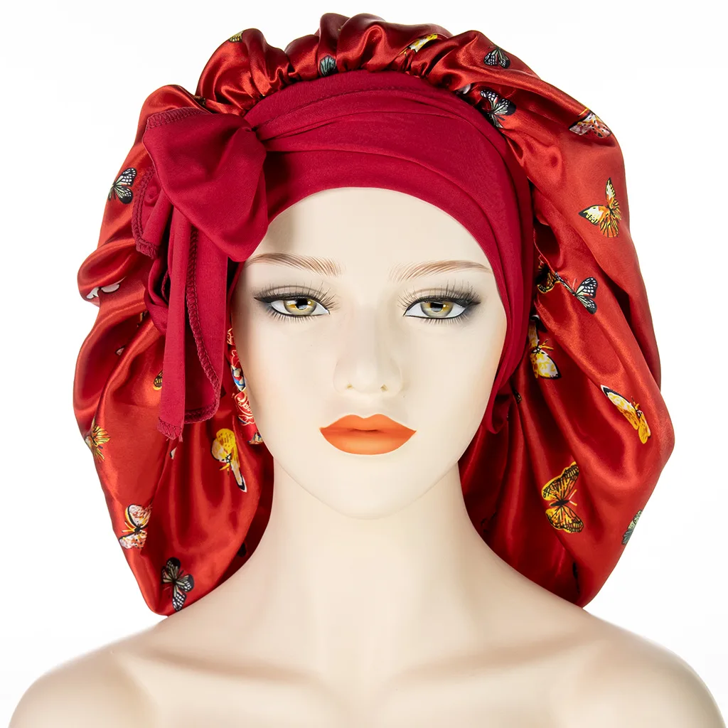 Wholesale hot selling new wide side long tail extra large shower cap Fashion printed ladies large color night cap