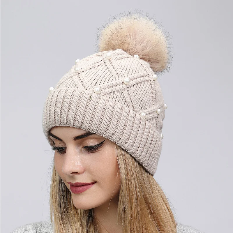 HZM-22247 Winter women ladies fur pom pom beads pearl knitted beanie hat