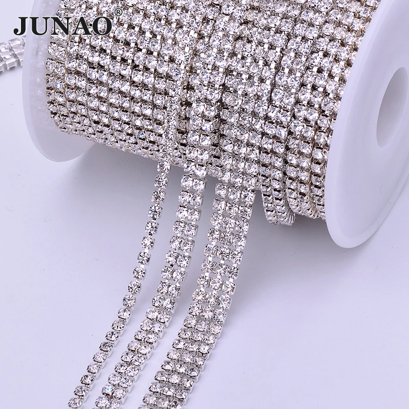 JUNAO 1 2 3 Rows SS12 Sil ver Crystal Trim 10 Yard Clear Glass Rhinestones Chain Sewing Stones Ribbon For Jewelry Dress