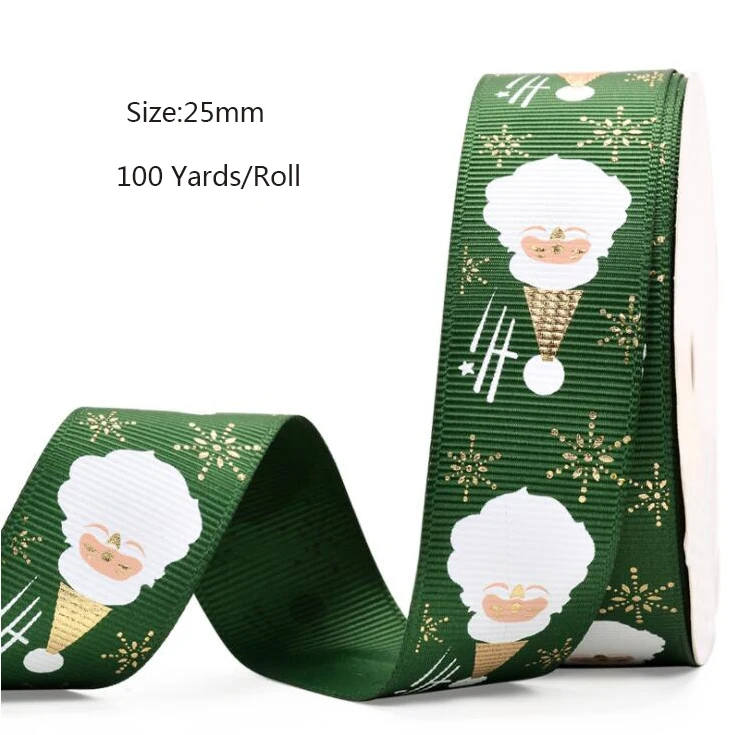 100yards/Roll  25mm Christmas Ribbon Printed  Grosgrain/Polyester Ribbon For Christmas Gift Packing Decoration