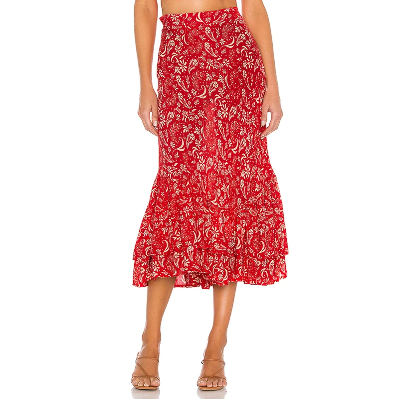 wholesale Manufacturer directly sales Lady floral print Meadow Skirt 100% rayon Unlined Elasticized back Tiered ruffle detail