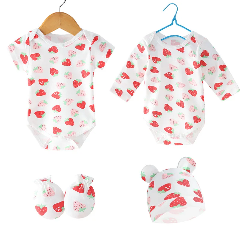 Wholesale Newborn   0-6M  Short/Long Sleeved Rompers+Infant Gloves+Toddler Caps Solid Colored Clothes  4pcs Sets for Baby