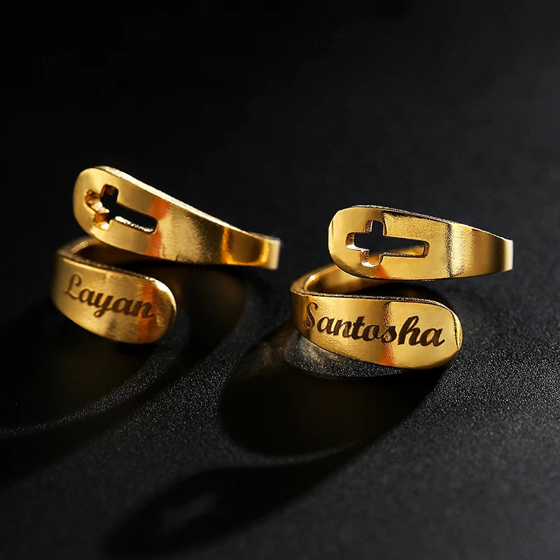 Fashion Stainless Steel 18K Gold Custom Engraved Letter Ring Hollow Cross Name Rings