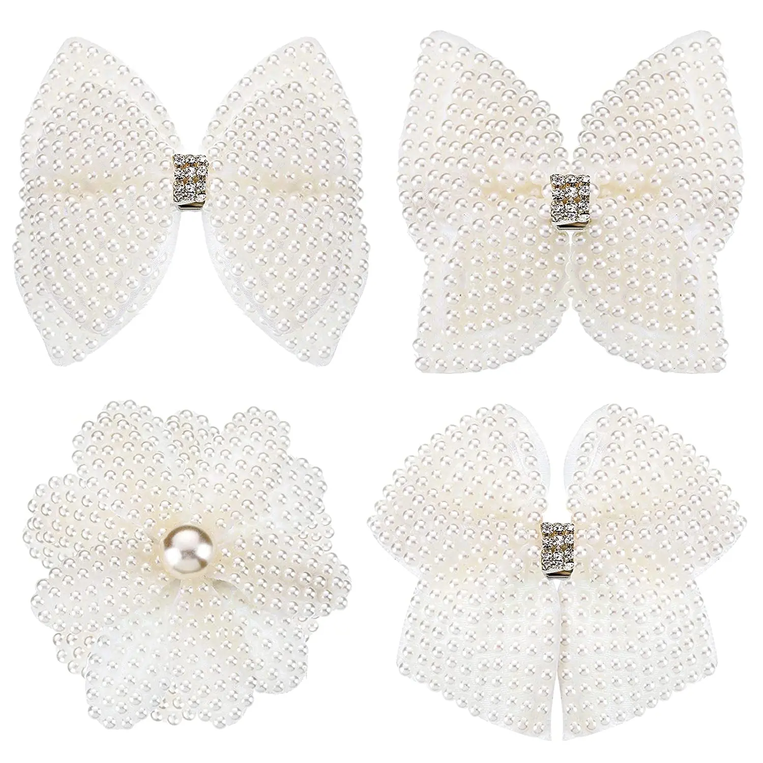 4 Pieces White Rhinestone Hair Bows for Girls Cute Pearls with Alligator Hair Clips Beads Hairgrip for Women Baby Teens