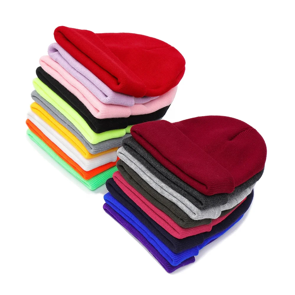 Wholesale Promotion Custom Embroidery  Logo Solid Warm Tuque Winter Designer Acrylic Jacquard Neon Knitted Beanie Winter Hat