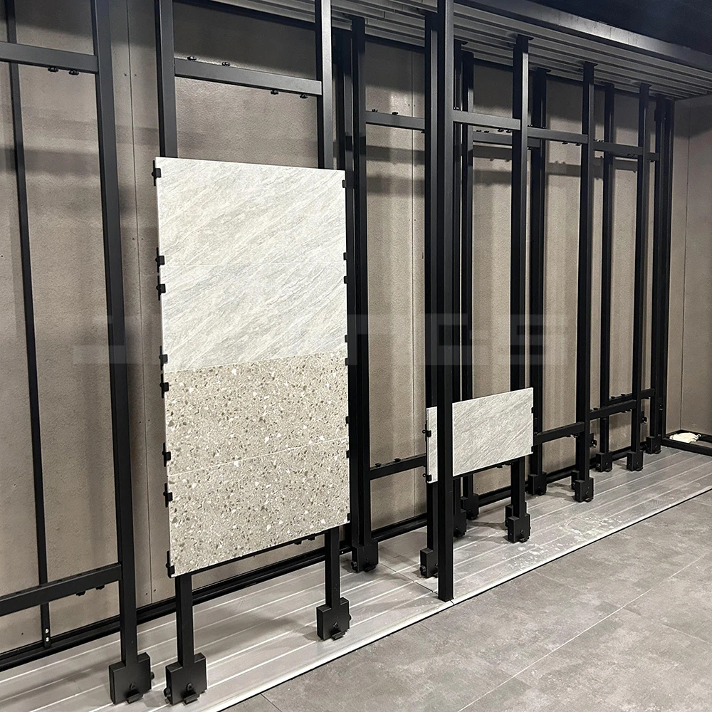 Customize Morden Cheap Granite Marble Metal Natural Stone Ceramic Tiles Sliding Display Rack Stands For Showroom